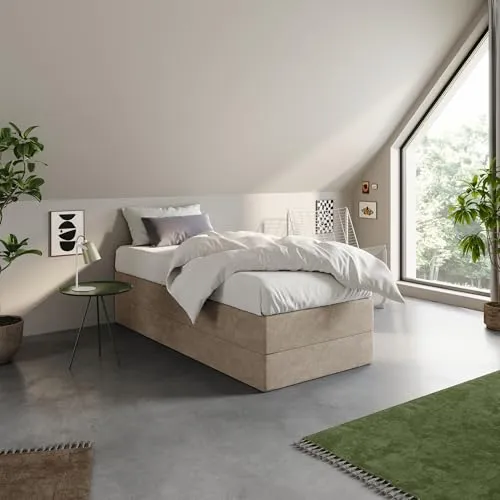 Home Collective Boxspringbett Polsterbett Bett wählbare Matratze Bonnell H2, Micro-Velours, platzsparend ohne Kopfteil | 90x200 | Beige