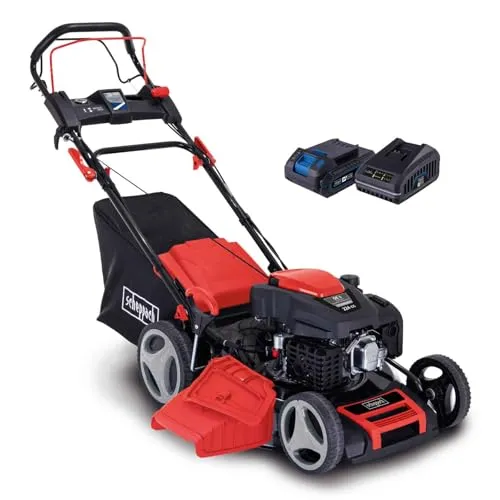 Scheppach Hybrid-Start-Benzin Rasenmäher MS225-53E VS - Rasenmäher mit 53 cm Schnittbreite und 7-facher Schnitthöhenverstellung, ideal für große Gärten. Mit Hybrid-Start für müheloses Mähen und Lithium-Ionen-Batterie für zusätzliche Flexibilität.