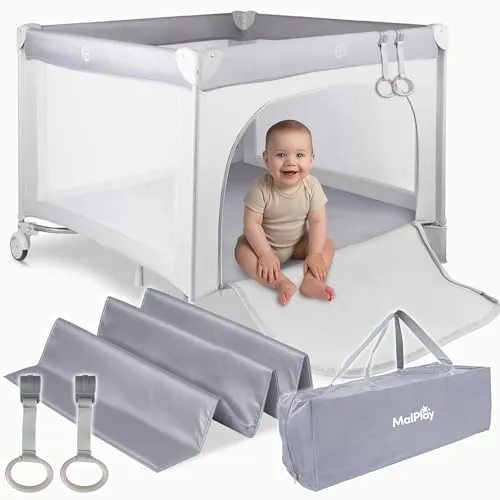 MalPlay Laufstall Baby 100x100cm, Laufgitter Baby mit Matratze und Atmungsaktivem Netz, Kinder Sicherheitsspielplatz, mit 2 Pull Rings Spielringen, für Drinnen & Draußen, auf Rollen mit Feststellern