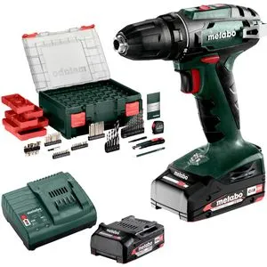Metabo BS 18 Set Akku Bohrschrauber 18 V - 48 Nm, inklusive 2x 2,0 Ah Akkus, Ladegerät und 74-tlg. mobile Werkstatt im Koffer