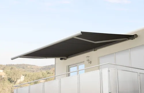 Elektrische Kassettenmarkise H123, Vollkassette 4,5x3m - Anthrazit - Außenanbau mit hochwertiger Vollkassettenmarkise, motorisiert und ideal für schattenspendende Lösungen. Ausgezeichnetes Qualitätsmanagement für Ihre Zufriedenheit.