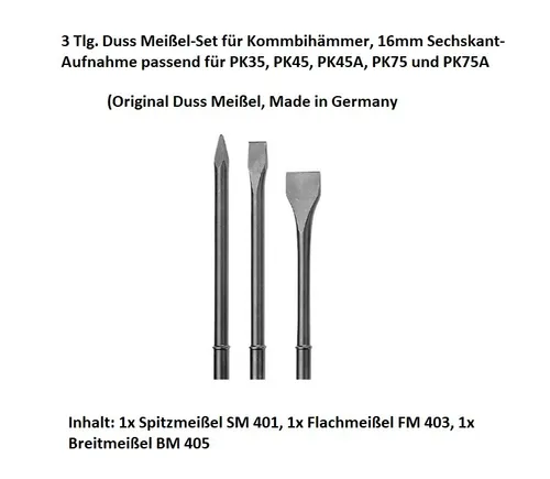 Duss 3 Tlg. Meißel-Set 1xSM401+FM403+BM405 für Duss PK35,PK40,PK45A, PK75, PK75A