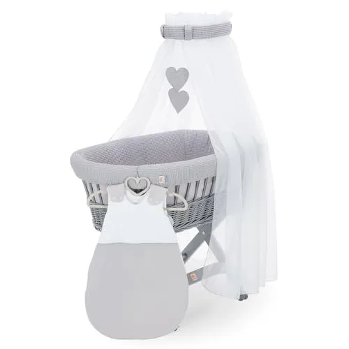 FabiMax Stubenwagen Grau Komplettset mit Matratze, Musselin-Schlafsack oder Bettwäsche, Himmel & Weidenkorb (Schlafsack, Grau)