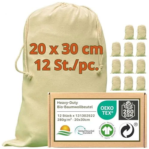 WIESEN.design Beutel - 280 g/m² OEKO-TEX® zertifizierte Heavy-Duty Baumwolle für langlebige, professionelle Anwendungen, 20x30 cm - 12 St. Stoffbeutel mit Kordelzug, Plotter Rohlige, Geschenksäckchen
