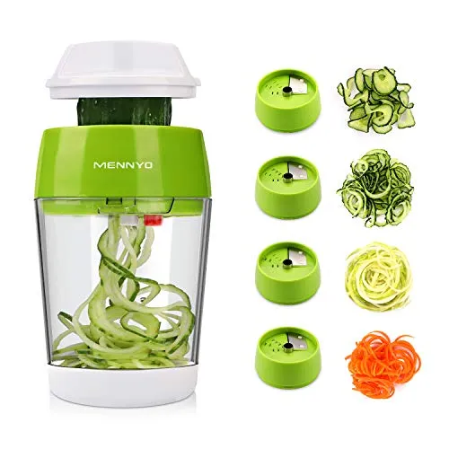 MENNYO Spiralschneider Gemüse mit Behälter, 4 in 1 Gemüseschneider Spaghetti Gemüsehobel,Spirallschneider Spiralenschneider für Gemüsespaghetti, Zucchini, Karotten,Kartoffeln, Möhren, Zwiebeln