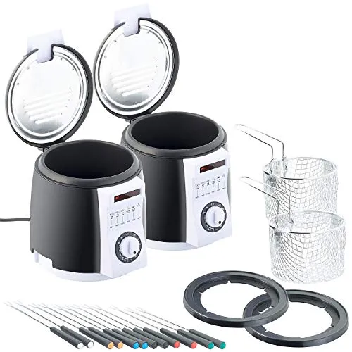 Rosenstein & Söhne Friteuse: 2er-Set kompakte Tisch-Fritteusen mit Fondue-Set, 0,9 Liter, 840 Watt (Hot-Pot-Topf, Elektrotopf, Käsefondue)