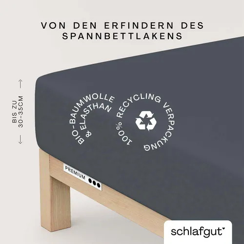 Schlafgut Spannbettlaken Premium, Mako-Zwirn-Jersey - Bettlaken in PREMIUM Qualität, Gummizug rundum für perfekten Sitz, aus Bio-Baumwolle, 60°C waschbar, ideal für erholsamen Schlaf und umweltfreundlich verpackt.