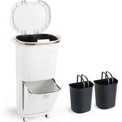 COSTWAY Mülleimer Küche, Mülltrennsystem, 2 x 12L Inneneimer & 14L Treteimer, Abfalleimer mit Rollen, Deckel, Pedal & Haken, Abfallsammler, Weiß - Weiß