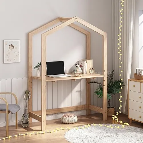 [en.casa] Kinderschreibtisch Suså - 4-stufig höhenverstellbar in Haus-Optik - Matratzen: Flexibler Kinderschreibtisch aus Kiefernholz mit Haus-Design, höhenverstellbar in 4 Positionen für optimale Anpassung an die Körpergröße des Kindes.