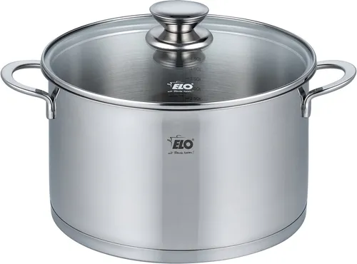 ELO 72555 Fleischtopf 24 cm mit Glasdeckel - Kochtopf aus hochglänzendem Edelstahl, energiesparend mit Kapselboden und praktischer Öl-Dosiersystem. Ideal für vitaminschonendes Garen und für alle Herdarten geeignet, inklusive Induktion.