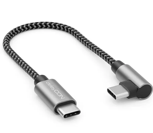 deleyCON 0,15m USB C Kabel 1x 90° Gewinkelt PD3.0 (60W Schnellladekabel) Kurzes 15cm USB-C zu USB-C Ladekabel für iPhone 16 15 Pro Max Samsung S24 S23 S22 Pixel iPad Pro MacBook Air Tablets Switch PS5