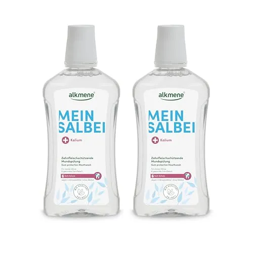 alkmene 2x Zahnfleischschützende Mundspülung ohne Alkohol mit Salbei & Kalium 500 ml - Vegane Mundspülung antibakteriell mit 6-fach Schutz - Mundwasser antibakteriell - Mouthwash
