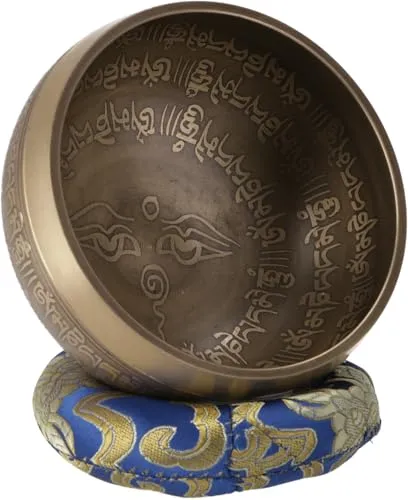 Handgearbeitete gravierte Klangschale mit Klöppel + Kissen / Dekokissen / - Ø