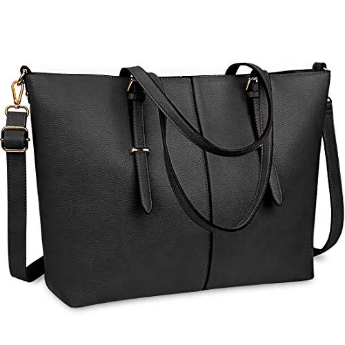 NUBILY Laptop Damen Handtasche 15,6 Zoll Shopper Handtasche Schwarz Elegant Leder Taschen Große Leichte Frauen Handtasche für Business/Schule/Einkauf