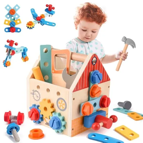 Werkzeugkoffer Kinder, Montessori Werkzeugkoffer Holz, Holzspielzeug | Geeignet ab 3 Jahren, Naturholz, Lernspielzeug, fördert Neugier, Kreativität, handwerkliches Geschick und Fantasie, Geschenk
