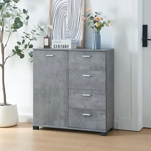 [en.casa] Sideboard Döbritz - Vielseitiger Flurschrank mit 4 Schubladen - Kommode in Betonoptik, ideal für Flur und Wohnzimmer. Mit höhenverstellbaren Ablagen für flexible Organisation und kompakten Maßen von 84x80x28cm.