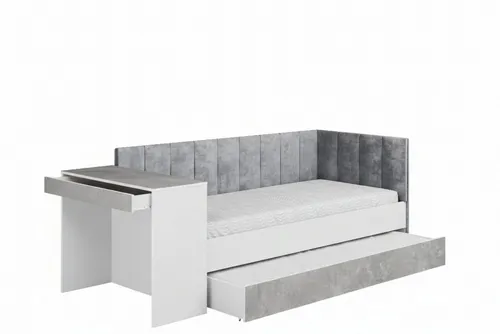 Deine Möbel 24 Multifunktionsbett Fabian, Weiß, 90x200 cm, Jugendbett mit Schreibtisch - Multifunktionsbett Fabian – Platzsparendes Schlaf- und Lernmöbel für Kinderzimmer. Inklusive ausziehbarem Unterbett und praktischem Schreibtisch für Hausaufgaben. Modernes Design mit gepolsterten Paneelen für Komfort und Stil.