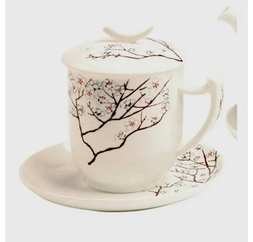 TeaLogic Tasse Kirschblüten – Elegante Porzellantasse mit Teesieb - Tassen aus hochwertigem China Bone Porzellan mit Kirschblütenmotiv, 380ml Füllmenge, inklusive Edelstahlfilter. Ideal für Teeliebhaber, spülmaschinengeeignet.