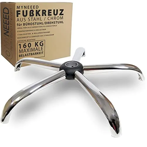 MYNEEED Bürostuhl Fußkreuz aus Stahl in Chrom - Bürostuhl Zubehör mit hoher Belastbarkeit bis 160 kg und passgenauer Kompatibilität für 50mm Gasfedern. Robuste Stahlkonstruktion mit edler Chrom-Oberfläche für maximale Stabilität und ansprechendes Design.