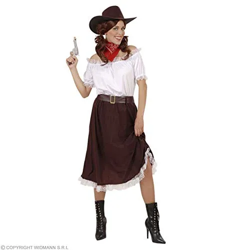 W WIDMANN MILANO Cowgirl Kostüm - Authentisches Kostüm-Set für Fasching: Weiße Bluse, brauner Rock und Cowboyhut, ideal für Karneval und Mottopartys, Größe XL für optimale Bewegungsfreiheit.