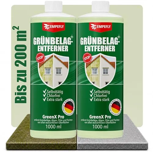 GreenX Pro Grünbelagentferner Konzentrat 2er Pack – Effektive Algen- und Pilzentfernung für Außenflächen - Entfernt mühelos Grünbelag auf Terrassen, Wegen und mehr. Selbsttätige Wirkung bis zu 12 Monate, ideal für viele wasserfeste Untergründe. Ergiebig und einfach anzuwenden – für sichtbar gepflegte Außenbereiche!