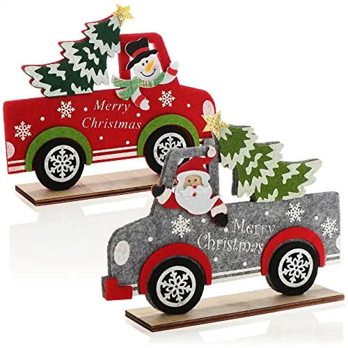 com-four® 2X Weihnachtsdeko aus Filz - dekorativer Aufsteller - weihnachtliche Tischdekoration - Weihnachtsmann und Schneemann mit Auto als Filzfiguren (Pick up - rot grau)
