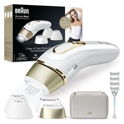 Braun IPL Silk·expert Pro 5 – IPL Geräte Haarentfernung, dauerhaft und schmerzfrei Haarentfernung für Zuhause – Etui mit Gillette Venus Rasierer, 4 Aufsätze, Designed In Germany – PL5358, Weiß/Gold