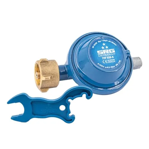 Rotarex Niederdruckregler 50mbar 1,0 kg/h inkl. Gasflaschenschlüssel für Gasgrill, Kocher, Heizstrahler, Terassenstrahler