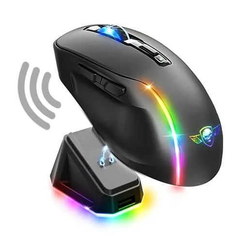 SPIRIT OF GAMER - Elite M50 Dark, Kabellose Gaming Maus RGB 8000 DPI, 6 Programmierbare Tasten, Bluetooth & 2,4 GHz Verbindung, Lange Akkulaufzeit von 90 Stunden, RGB Ladestation, Schwarz