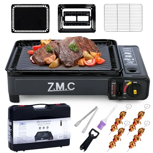 ZMC 2in1 Gas Kocher Campingkocher + Grillplatte - Grill und Kocher in einem, ideal für Outdoor-Abenteuer. Tragbar mit Automatikzündung, 36x26 cm Grillfläche und bis zu 3 Stunden Brenndauer.