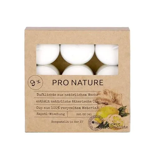 Müller Kerzen PRO NATURE Duftlichte mit Rapsöl - Ingwer & Zitronenblüte - 9er Pack - 6 Stunden Brenndauer - Teelichter aus Natürlichem Wachs - Hülle 100% recyceltes Material