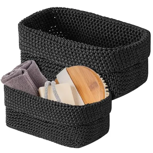 Pcs Häkelkorb, Körbe Aufbewahrung, Aufbewahrungskorb Geflochten Aufbewahrungskorb Bad, Stapelbare Häkelkorb, Regalkörbe Wäschekorb Organizer Körbe Ordnungsboxen 29x15x18.5cm & 21x3x15.5cm (Black) 2