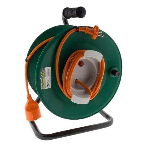 Zenitech – Kabeltrommel ohne Steckdose – 2×1,5mm² – 40 m – Metallfuß mit Überlastschutz – Grün/Orange