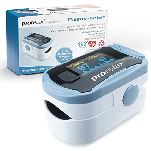 prorelax Pulsoximeter | Herz- und Sauerstoffsättigungsmonitor - Oximeter zur einfachen Finger-Messung von Herzfrequenz und SpO2-Wert, ideal für Risikopatienten und Sportler. Das LED-Display mit großen Ziffern sorgt für beste Ablesbarkeit.