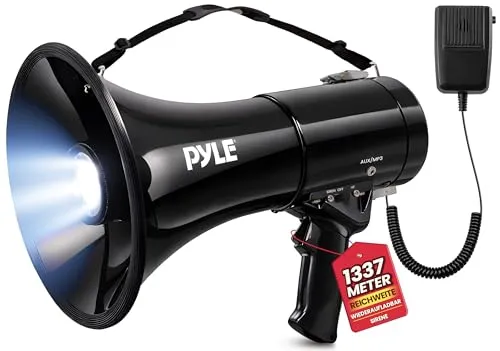 Produktbild Pyle Megaphon mit Sirene, Signalhorn – Siren Megaphone – Megafon Kinder & Erwachsene 50 Watt bis 1100m Reichweite, Faltbare Megafon mit Mikrofon & Wiederverwendbare Batterie, Faltbare Handsirene
