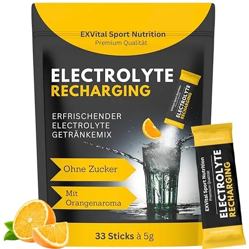 EXVital Sport Nutrition Elektrolyte, 1x33 Pulversticks, 1531mg Elektrolyte pro Stick, Elektrolyt Pulver KALORIENARM & ZUCKERFREI, isotonischer Getränkemix mit Orangengeschmack