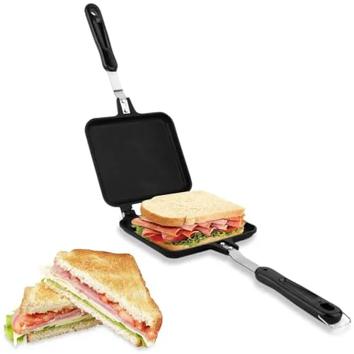 Toasted Sandwich Maker, Aluminium Doppelseitige Sandwich Flip Pan Tortilla Panini Presse für Herd, Grill und Lagerfeuer, 34,5 x 15 x 3 cm