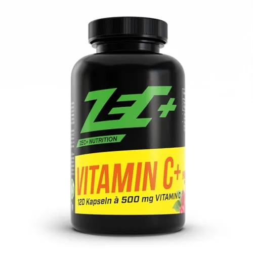 Zec+ Nutrition Vitamin C hochdosiert – 120 Vitamin C Kapseln je 500 mg Vitamin C Ascorbinsäure und 25 mg Hagebutten-Extrakt Made in Germany