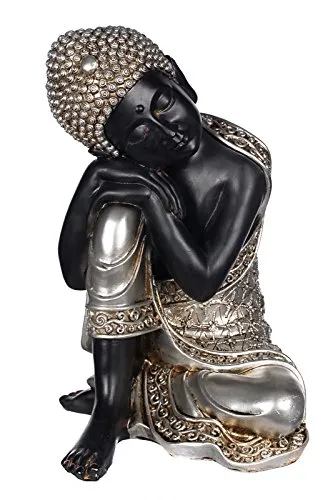 Buddha SY 7021 Silber, für Innen und Außen, Buddha Figur 37 cm hoch, Buddha Statue groß, Büste, Gartendekoration, Wetterfest (Nicht frostsicher) aus sehr aufwendig per Hand bemalt