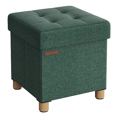SONGMICS Sitzhocker mit Stauraum, kleine klappbare Sitzbank, 38 x 38 cm Fußbank, Aufbewahrungsbox, bis 300 kg belastbar, für Wohnzimmer Schlafzimmer Schlafsaal, vintagegrün LSF014C11