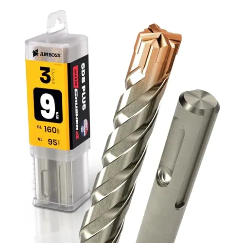 SDS Plus Hammerbohrer 4X Schneiden PGM Ø 9.0mm x 95mm - AMBOSS Werkzeuge SDS Crusher 4 - HM Betonbohrer Hartmetall Profi Bohrer 9.0 mm x 95 - Steinbohrer Stahlbeton Mauerwerk Ziegel Kalksandstein