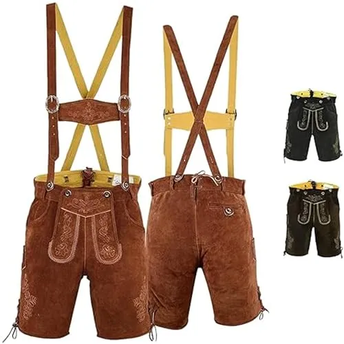 German Wear Trachtenlederhosen Herren mit Hosenträgern - Kastanienbraun, Größe 50 - Activewear-Hosen für Herren, aus feinstem Kalbsleder mit schöner Stickerei und praktischer Messertasche, inklusive verstellbaren Hosenträgern für optimalen Sitz.