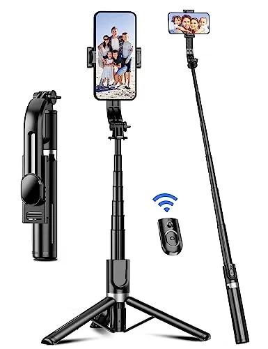 Selfie Stick mit Verbessertem Stativ [2023 Ganz Neues Entwurf] Selfie Stange aus Aluminium Handy Stativ mit Abnehmbarer Fernbedienung um 360° Drehbar für iPhone Samsung, Action-Kamera GoPro (Schwarz)