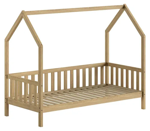 Hausbett Kandace 90x200 Eiche massiv natur mit Dachaufbau - Modernes Hausbett mit Dachaufbau aus massiver Eiche. Ideal für Kinderzimmer, kombiniert Schlafplatz und Spielbereich. Stabile Verarbeitung und individuelle Dekorationsmöglichkeiten.