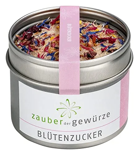 Zauber der Gewürze Blütenzucker - Mischung aus Zucker und essbaren Blüten, himmlischer Genuss zur Dekoration von Desserts, Süßspeisen, Shakes und Porridge, wiederverschließbare Aroma-Dose, 85 g