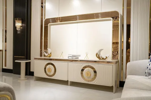 Moderner TV-Schrank aus Holz in Beige - Stylisches TV-Lowboard für das Wohnzimmer, 4 Türen, 225 x 52 x 186 cm, aus hochwertigem Holz, mit 2 Jahren Herstellergarantie und modernem Design.