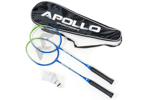 Apollo Badmintonschläger Badminton Set Match Pro 400 - 2x Badmintonschläger inkl. Bälle,Tasche, (mit Tasche, mit Bällen), Alu-Rahmen, verstärktes T-Stück, flexibler Schaft, Nylon-Bespannung