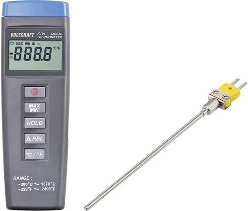 VOLTCRAFT K101 + TP 200 Temperatur-Messgerät - Präzises 1-Kanal Temperatur-Messgerät mit K-Typ Fühleranschluss, ºC/ºF-Umschaltung und automatischer Abschaltung für effiziente Nutzung.