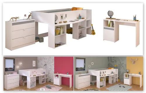Parisot Jugendzimmer-Set in Weiß - Pirouette - Stylisches Jugendzimmer-Set mit Hochbett, Kommode und Schreibtisch. Ideal für optimale Raumnutzung und Stauraum. Pflegeleicht und in modernem Design.