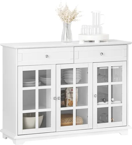 SoBuy Vitrine Weiß, 2 Schubladen - Buffetschrank aus Holzwerkstoff mit 3 Glastüren, ideal zur Aufbewahrung von Weingläsern und Flaschen. Perfekt für Ihre Küche mit viel Stauraum!
